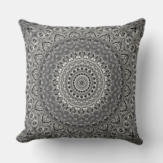 Black and White Geometric Mandala Pattern Throw Pillow (Front)