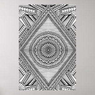 Black and White Geometric Mandala Tribal Pattern Poster