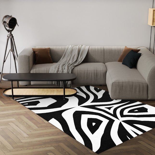 Black And White Geometric Modern Abstract Area Rug (modern black and white abstract geometric area rug for living room)