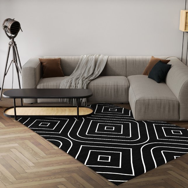 Black And White Geometric Modern Abstract Area Rug (Contemporary black and white geometric area rug with abstract design 8x10 area rug for living room)