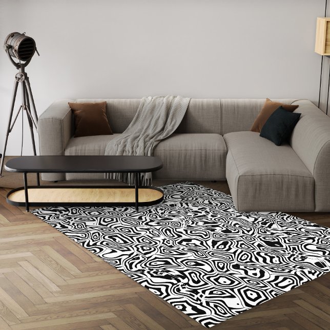 Black And White Geometric Modern Abstract Area Rug (Contemporary black and with abstract geometric 8X10 area rug for living room)