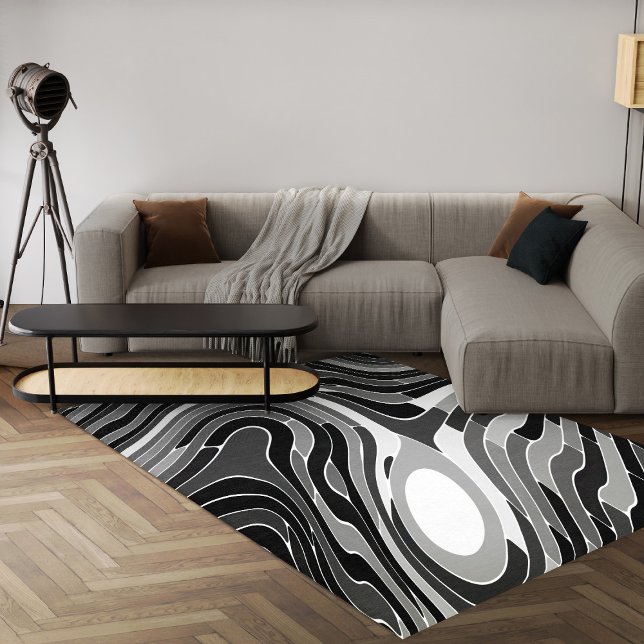 Black And White Geometric Modern Abstract Area Rug (Contemporary black and white geometric area rug with abstract design 8x10 area rug for living room)