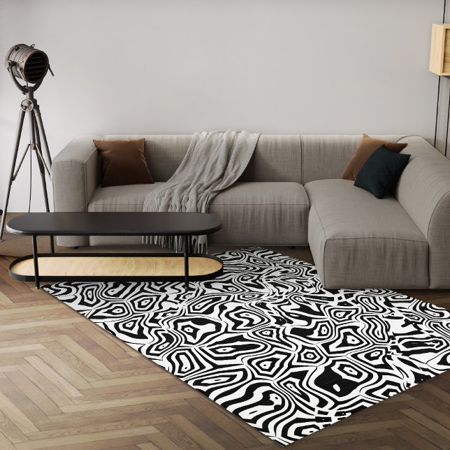 Black And White Geometric Modern Abstract Area Rug (Contemporary black and white geometric area rug with abstract design 8x10 area rug for living room)