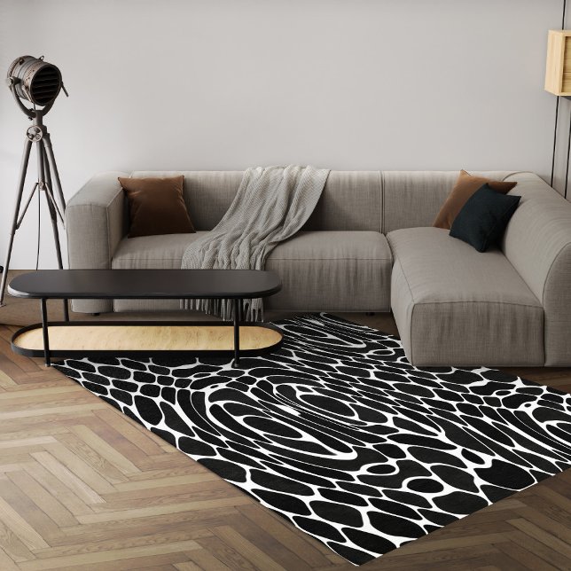 Black And White Geometric Modern Abstract Area Rug (Contemporary black and white geometric area rug with abstract design 8x10 area rug for living room)