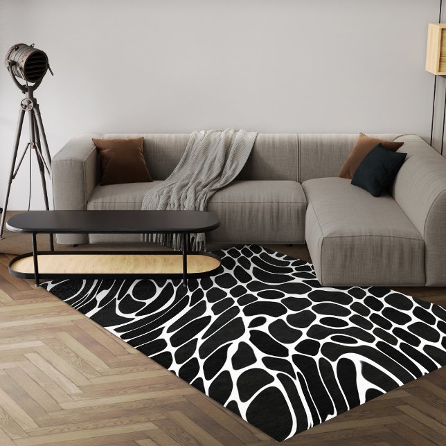 Black And White Geometric Modern Abstract Area Rug (Contemporary black and white geometric area rug with abstract design 8x10 area rug for living room)