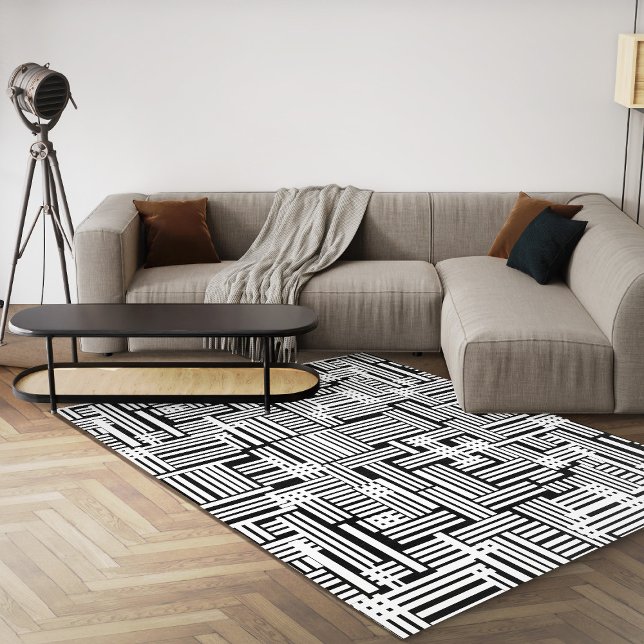 Black And White Geometric Modern Abstract Area Rug (black and white abstract geometric 8x10 area rug for living room)