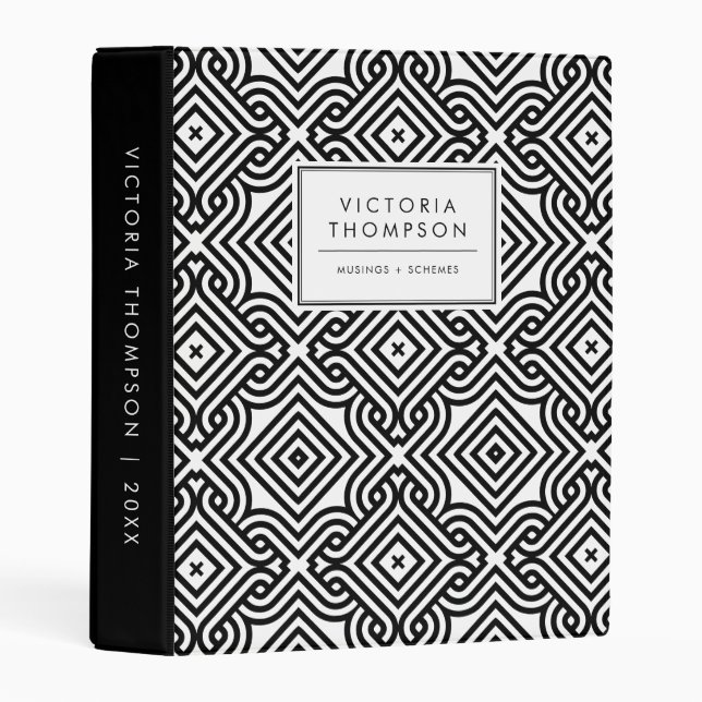Black and White Geometric Ornamental Pattern Mini Binder (Front/Spine)