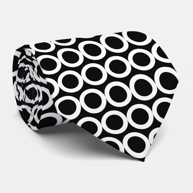 Black and White Geometric Pattern Circles Neck Tie (Rolled)