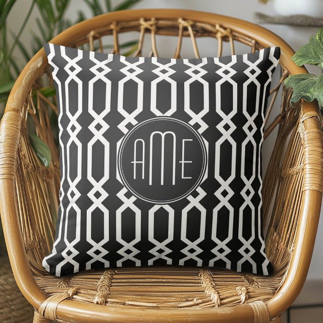 Black and White Geometric Pattern Custom Monogram Throw Pillow (Custom Monogram Pillow)