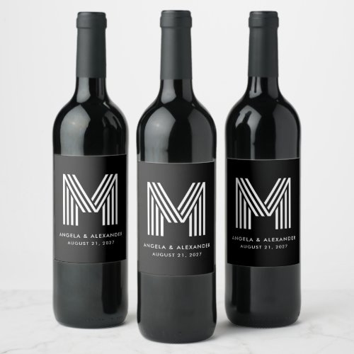 Black and White Geometric Retro Wedding Monogram Wine Label