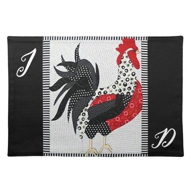 Black and White Geometric Rooster Cloth Placemat (Front)