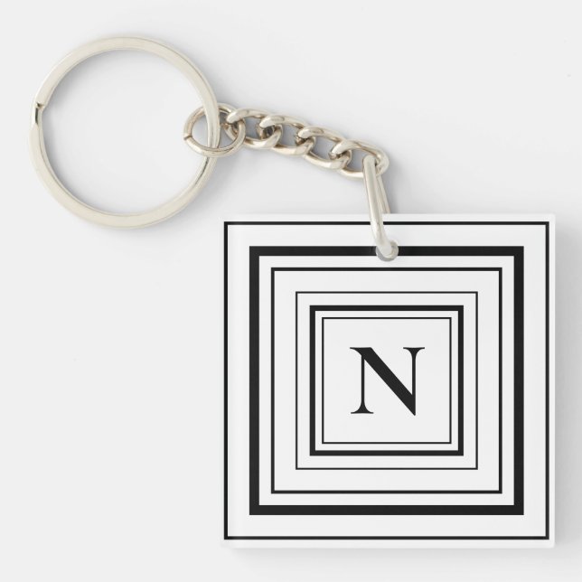 Black and White Geometric Square Monogram  Keychain (Front)