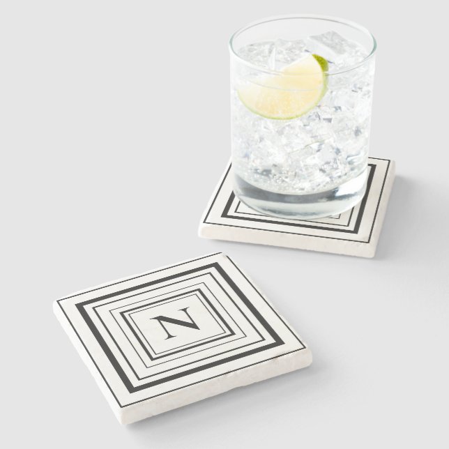 Black and White Geometric Square Monogram  Stone Coaster (Side)