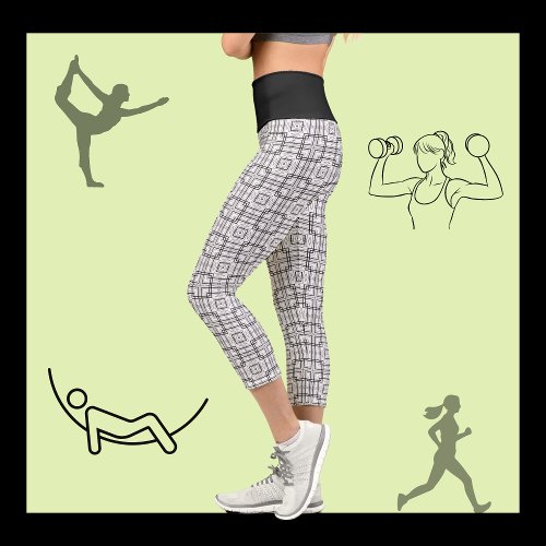 Black and White Geometric Squares Pattern Capri Leggings