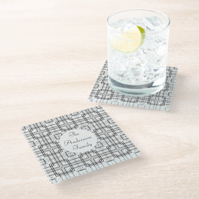 Black and White Geometric Squares Pattern  Glass Coaster (Angled)