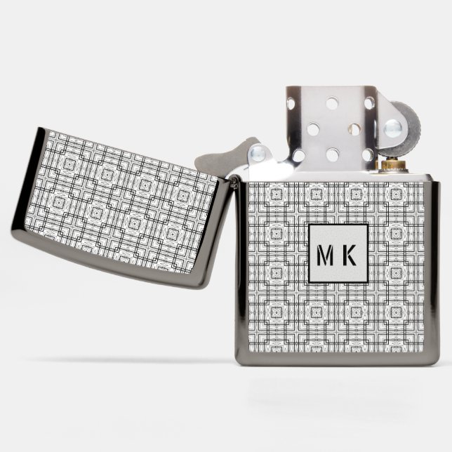 Black and White Geometric Squares Pattern Zippo Lighter (Open)