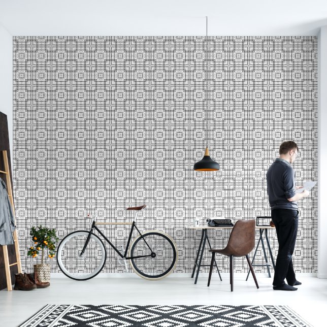 Black and White Geometric Squares Vinyl Wallpaper (Living Room)