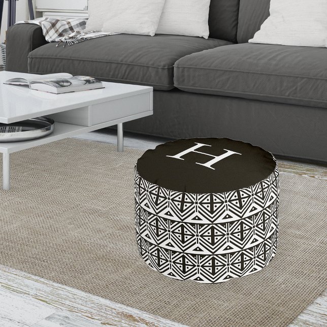 Black and White Geometric Tribal Pattern Monogram Pouf (Creator Uploaded)
