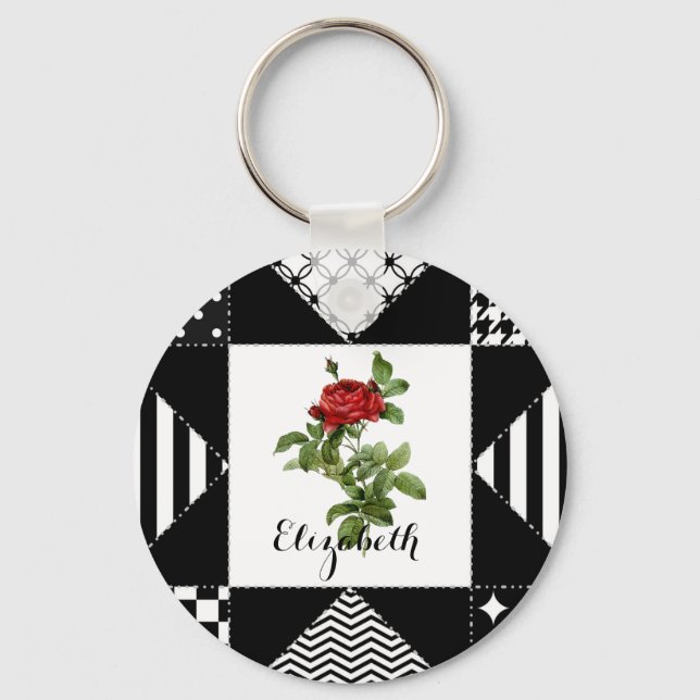 Black and White Geometric With Red Rose and Name Keychain (Front)