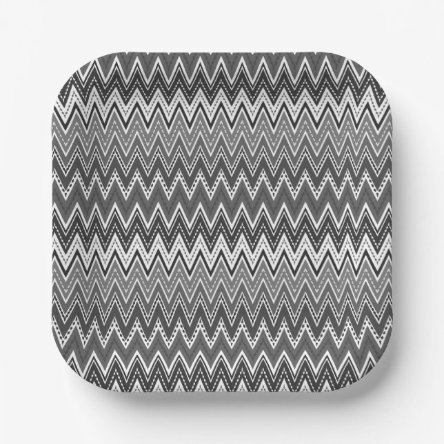 Black and white geometric zigzag pattern paper plates (Front)