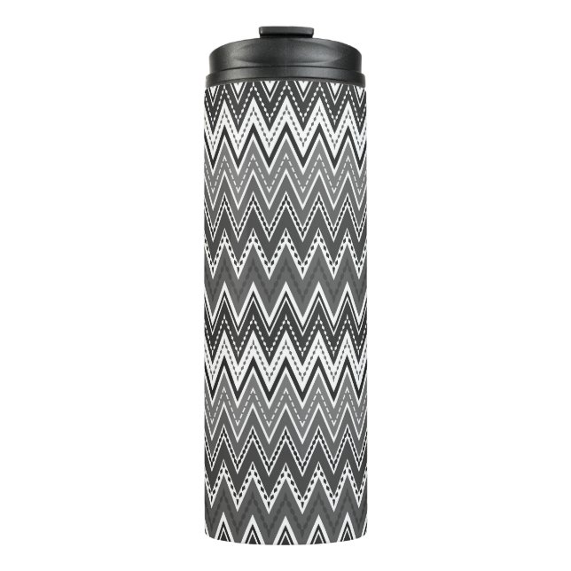 Black and white geometric zigzag pattern thermal tumbler (Front)