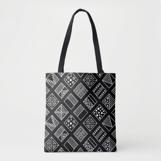 Black and white geometrical background with hand d tote bag (Front)
