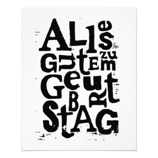Black and White German "Happy Birthday" Lino Cut Photo Print