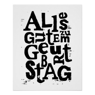 Black and White German "Happy Birthday" Lino Cut Poster