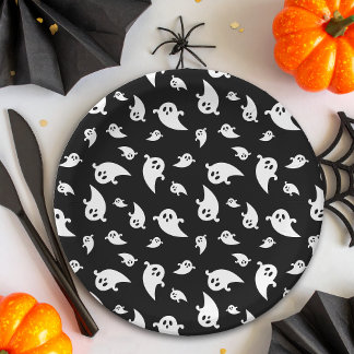 Black And White Ghost Patter Cute Halloween Paper Plates