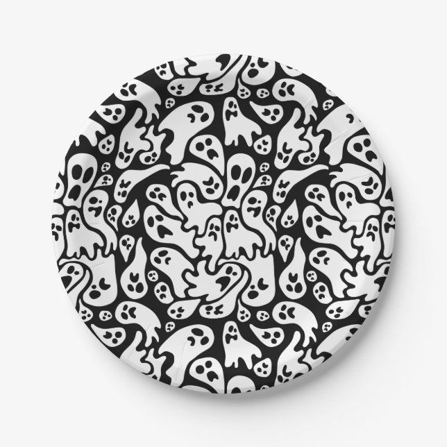Black And White Ghost Pattern Paper Plates (Front)