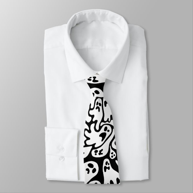 Black And White Ghost Pattern Tank Neck Tie (Tied)