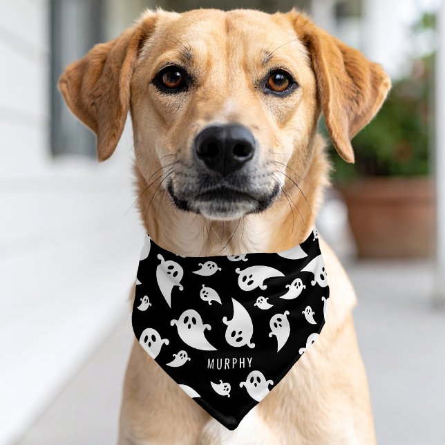 Black And White Ghost Pattern With Name Halloween Pet Bandana Collar (Creator Uploaded)