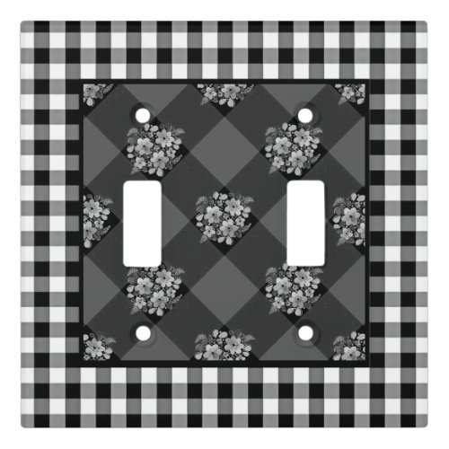 Black and White Gingham and Flowers Country Light Light Switch Cover