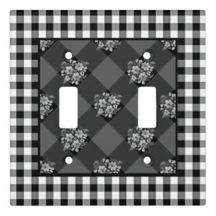 Black and White Gingham and Flowers Country Light Switch Cover