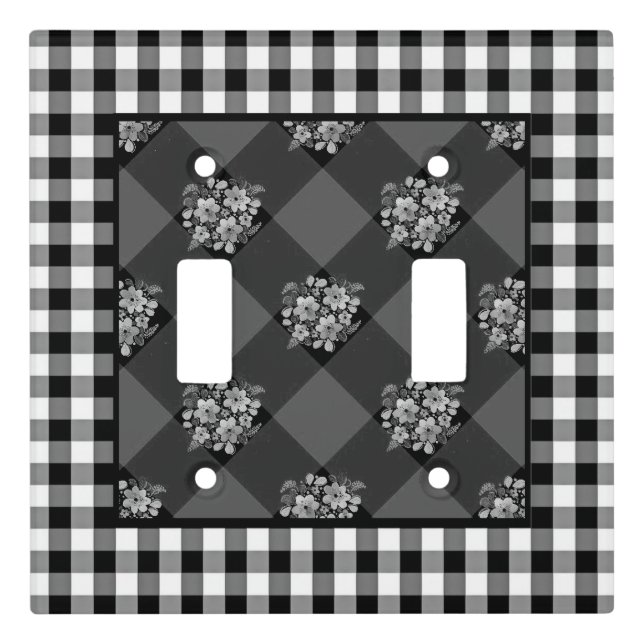 Black and White Gingham and Flowers Country Light Switch Cover (Front)