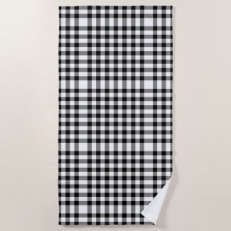 Black and White Gingham Block Pattern Beach Towel