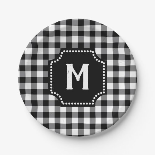 Black And White Gingham Buffalo Check  Monogram Paper Plates