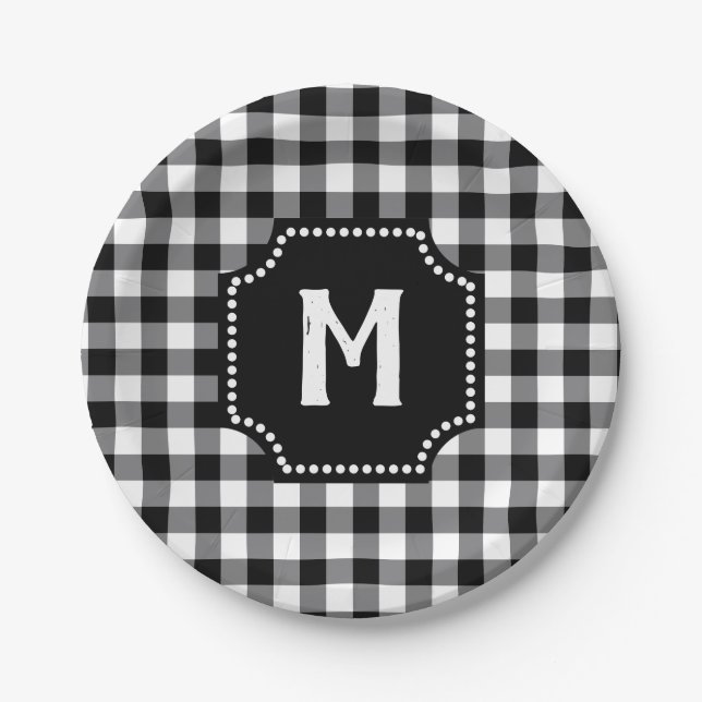 Black And White Gingham Buffalo Check  Monogram Paper Plates (Front)