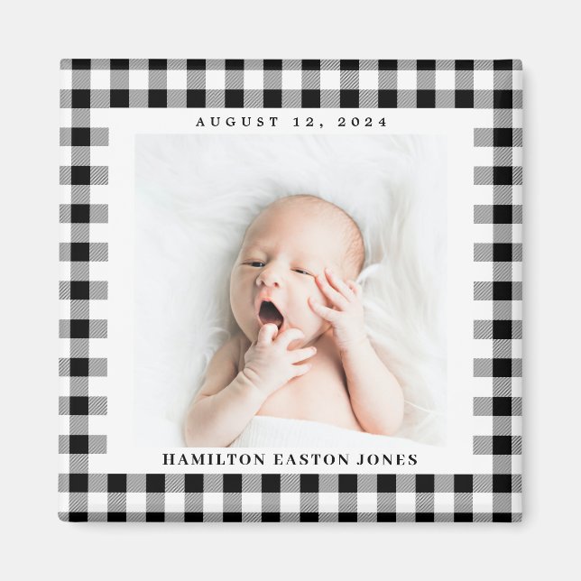 Black and White Gingham Check Baby Birthdate Magnet (Front)