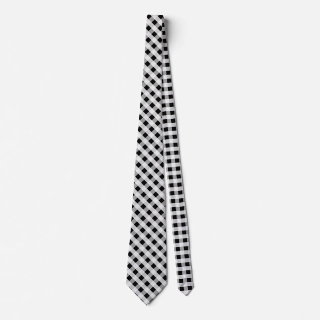 Black and White Gingham Check Plaid Pattern Neck Tie (Front)