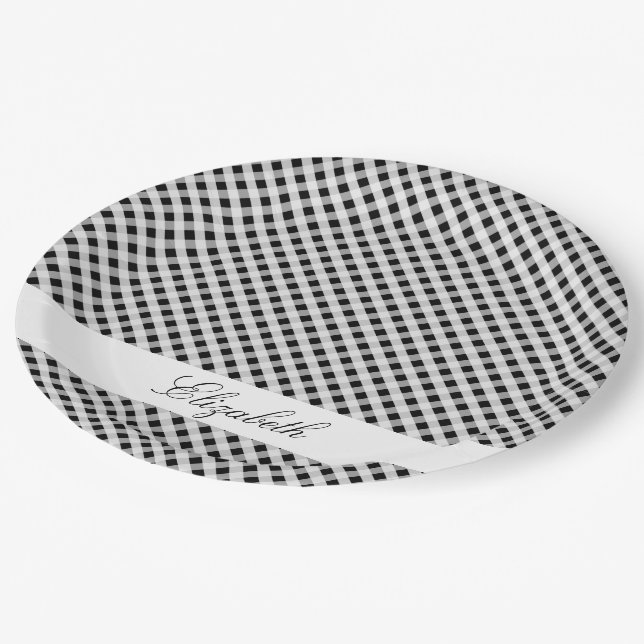 Black and White Gingham Check Plaid Pattern Paper Plates (Angled)