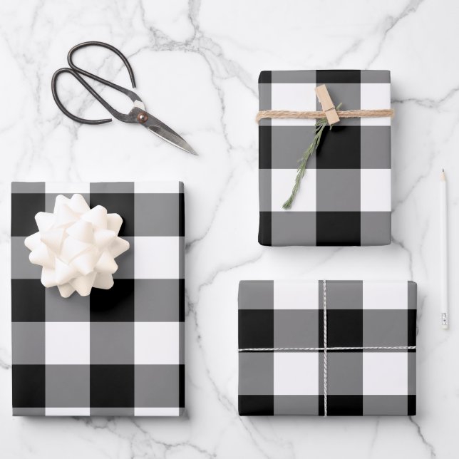 Black and White Gingham Check Plaid Wrapping Paper Sheets (Front)