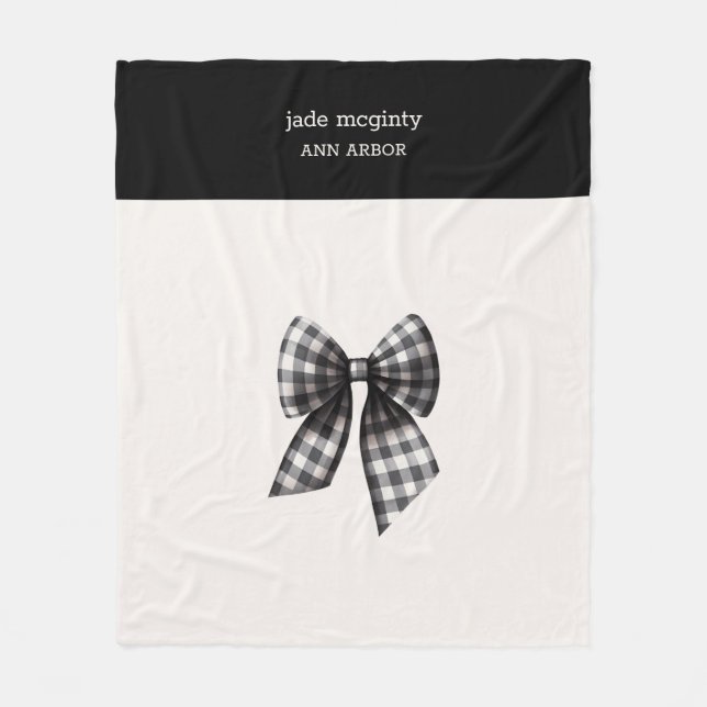 Black and White Gingham Checked Bow Fleece Blanket (Front)