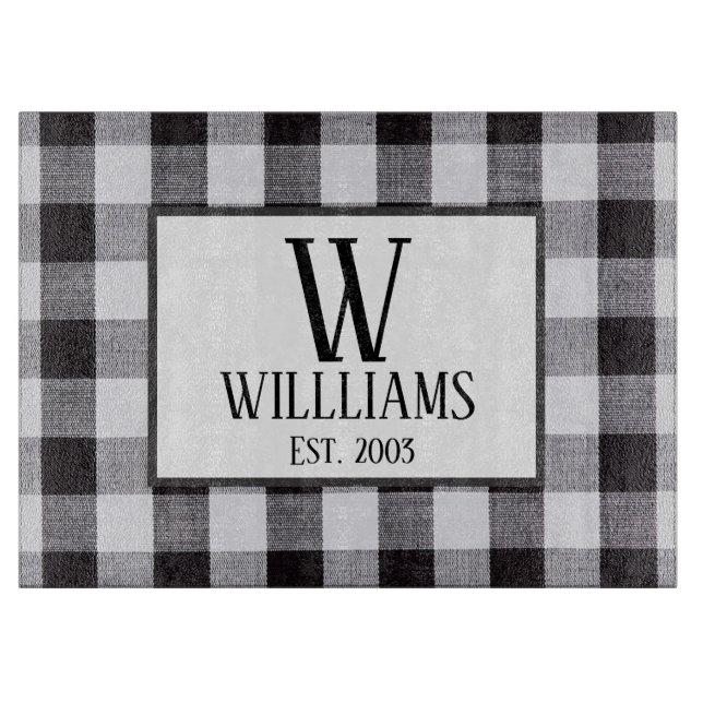 Black and white gingham Monogram Family Name Year Cutting Board (Front)