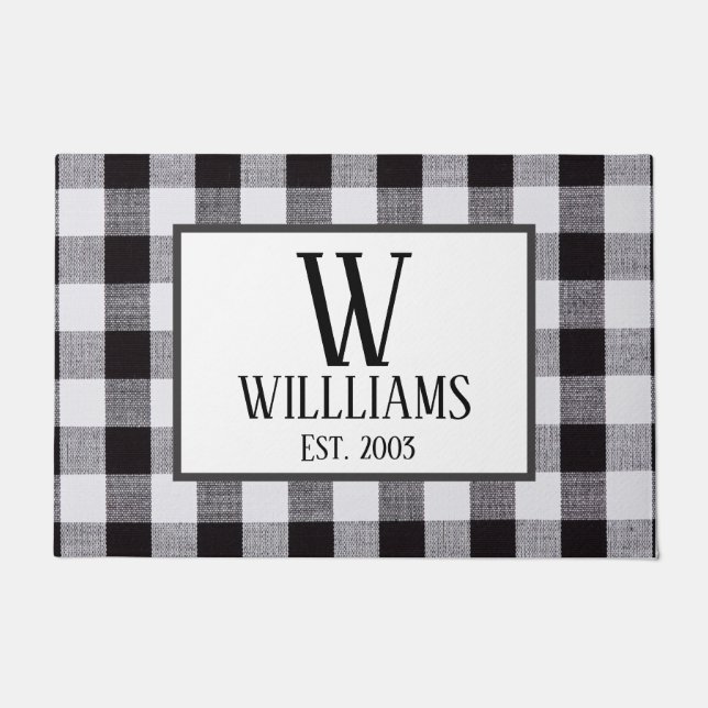 Black and white gingham Monogram Family Name Year  Doormat (Front)