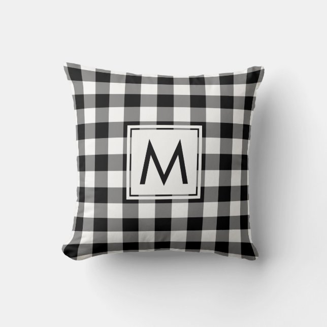 Black and White Gingham Pattern, Custom Monogram Throw Pillow (Front)