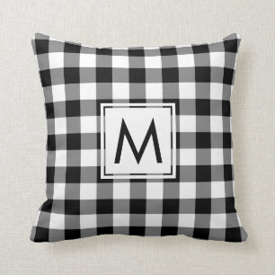 Black and White Gingham Pattern, Custom Monogram Throw Pillow