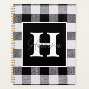 Black and White Gingham Plaid Monogram and Name  Planner