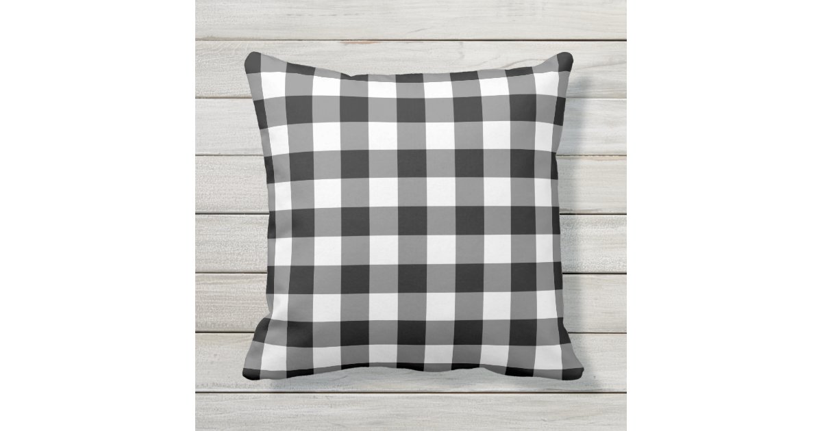 Black and White Gingham Plaid Pattern Outdoor Pillow