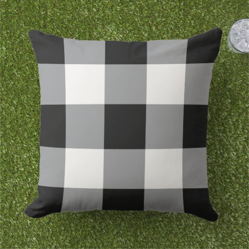 Black and White Gingham Plaid Pattern Outdoor Pillow